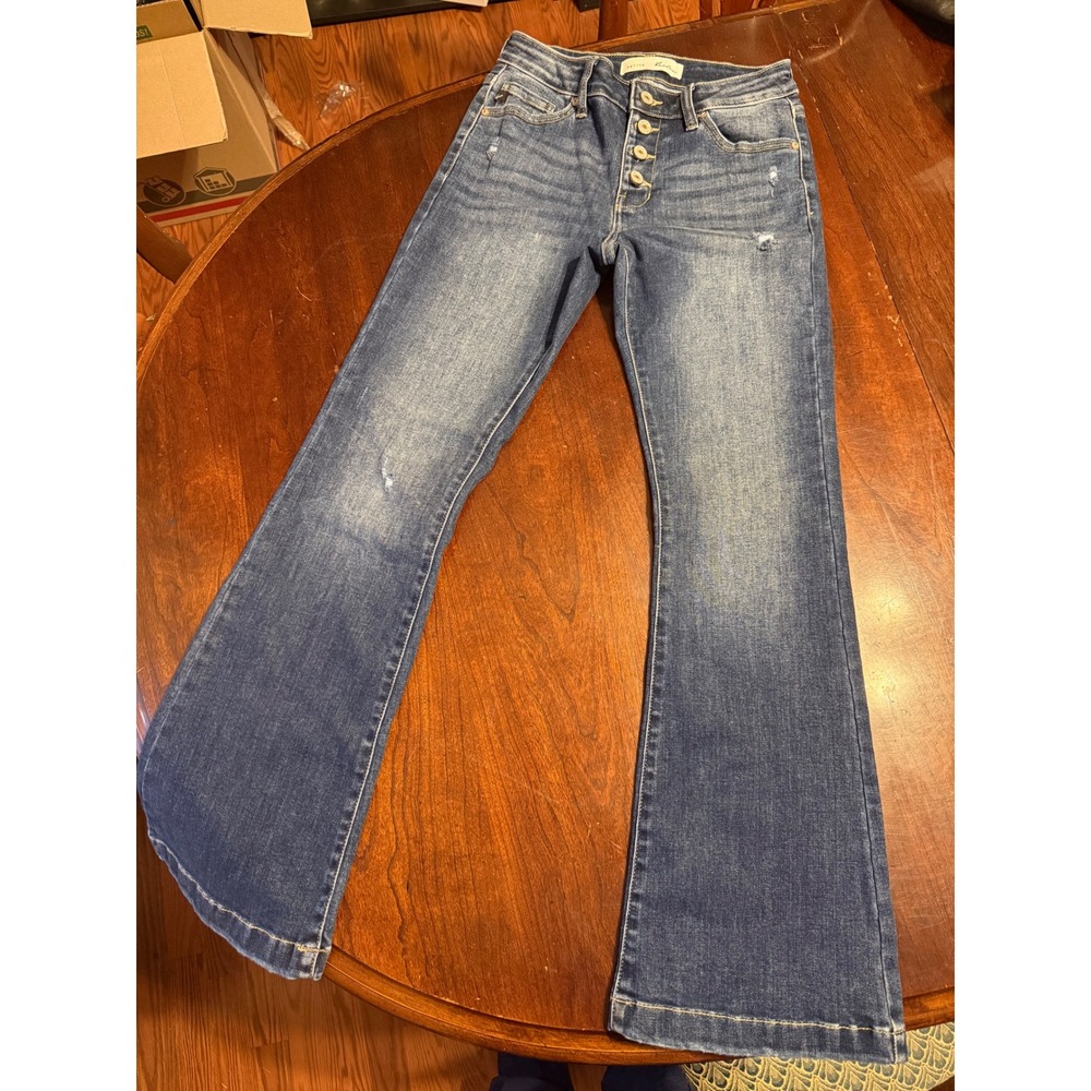 KanCan Petite Flare Jeans Medium Wash Button Fly Distressed KC8632M-PE Size 5/26